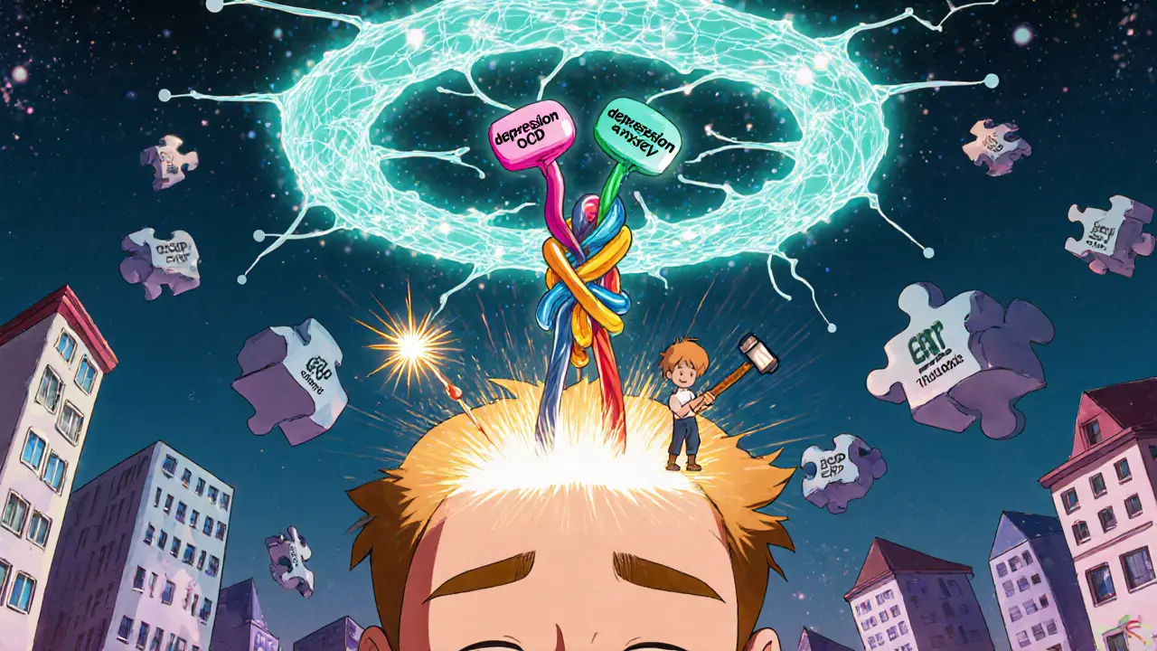 Neuronový obvod s třemi zamotanými poruchami je rozpojen terapií ERP, zatímco pacient začíná zářit.