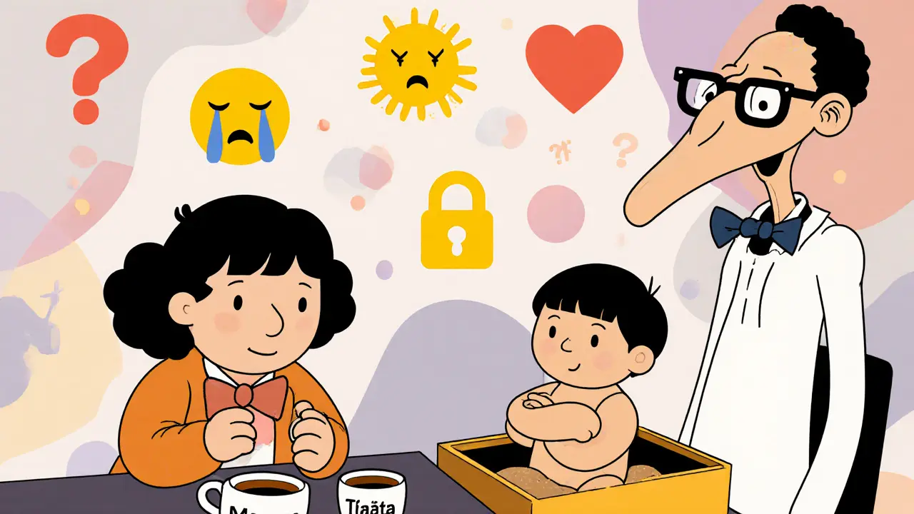 Dítě hraje s panenkami v terapeutické místnosti, terapeut ho pozoruje z rohu, kolem nich plavou emocionální symboly.