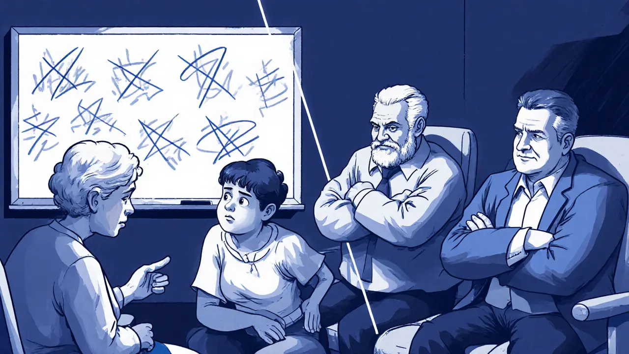 Náročná terapie, kde prarodiče vyvolávají napětí a autoritativní dynamiku.