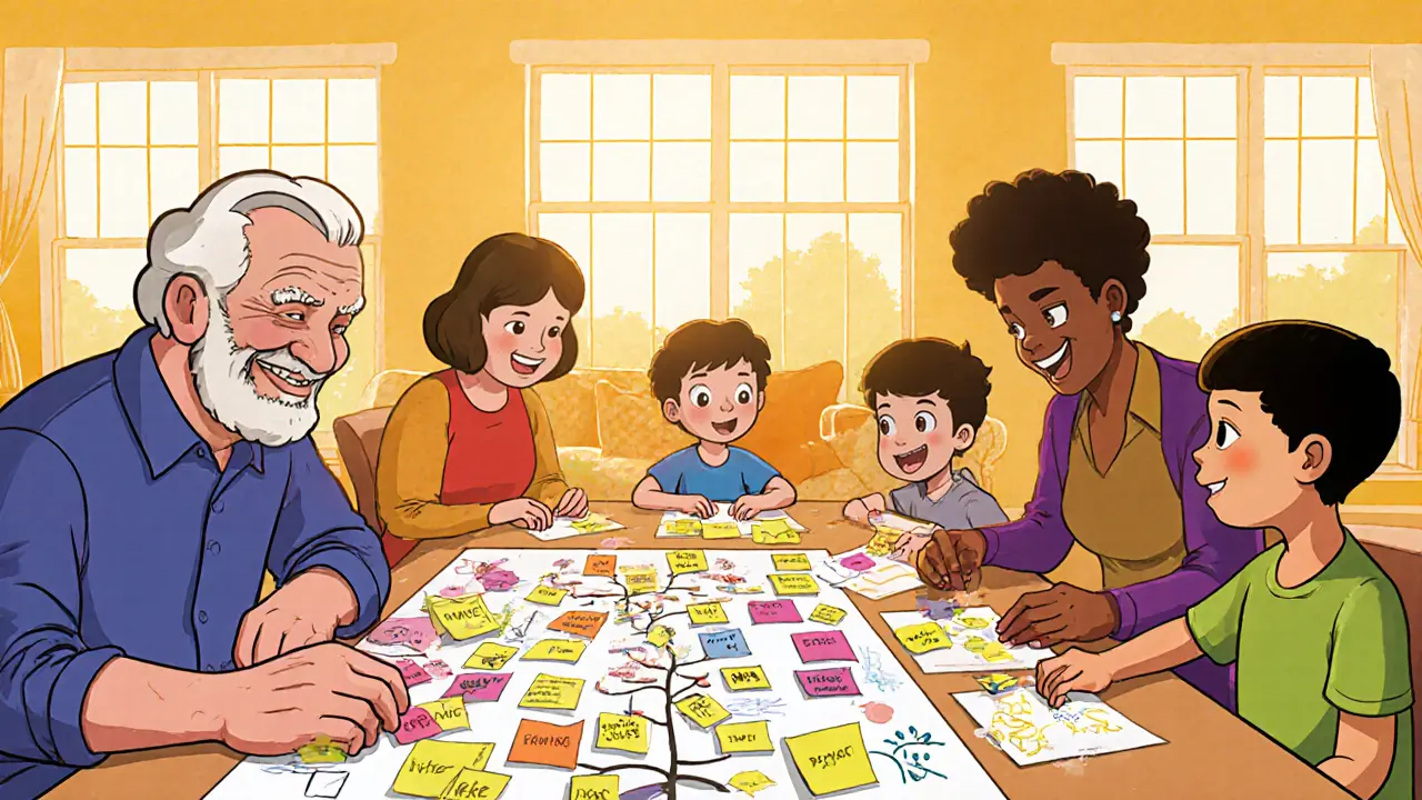 Prarodiče a rodiče společně pracují na pozitivních pravidlech v teplém domě.