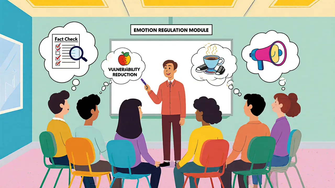 Skupinová DBT lekce s bublinami představujícími faktovou kontrolu, zdravý život a opačnou akci.