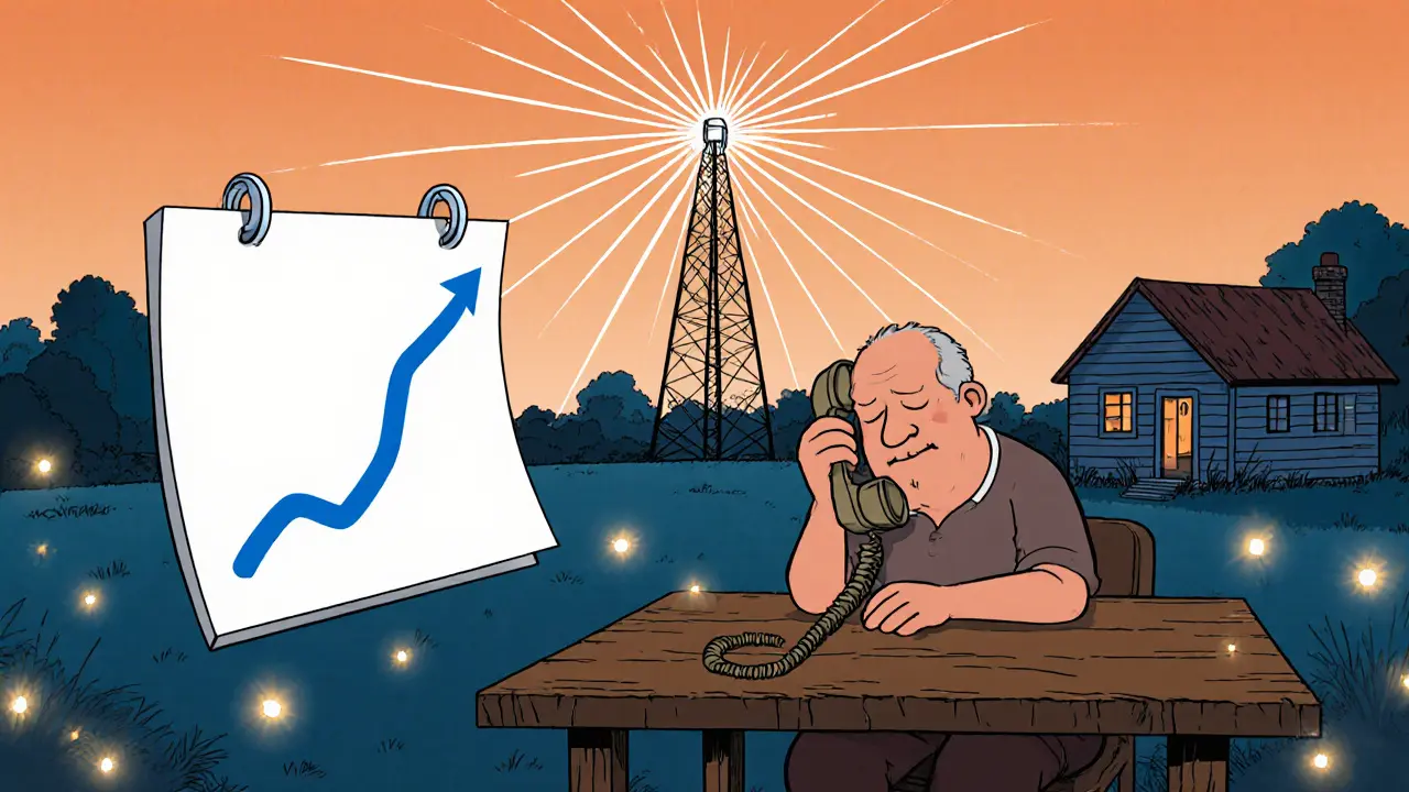 Starší člověk v venkovském domě, telefon u ucha, zatímco v dálce vidíme 5G věž a symbol růstu poptávky.