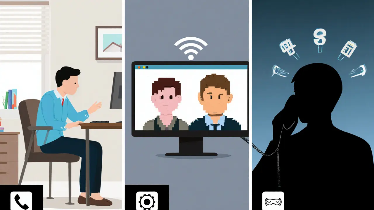 Tři postavy – osobní, video a telefonní terapie – vedle sebe s ikonami technických požadavků a nákladů.