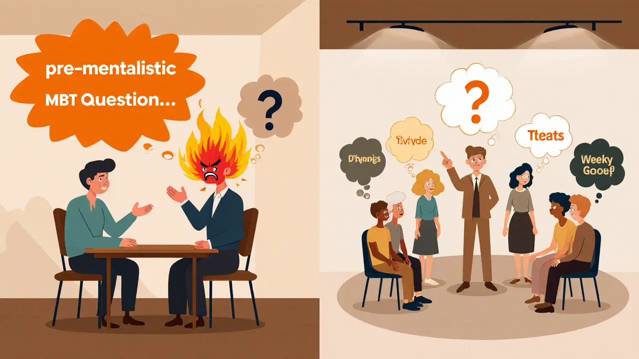 Individuální a skupinová terapie MBT, terapeuti a pacienti s bublinami emocí.