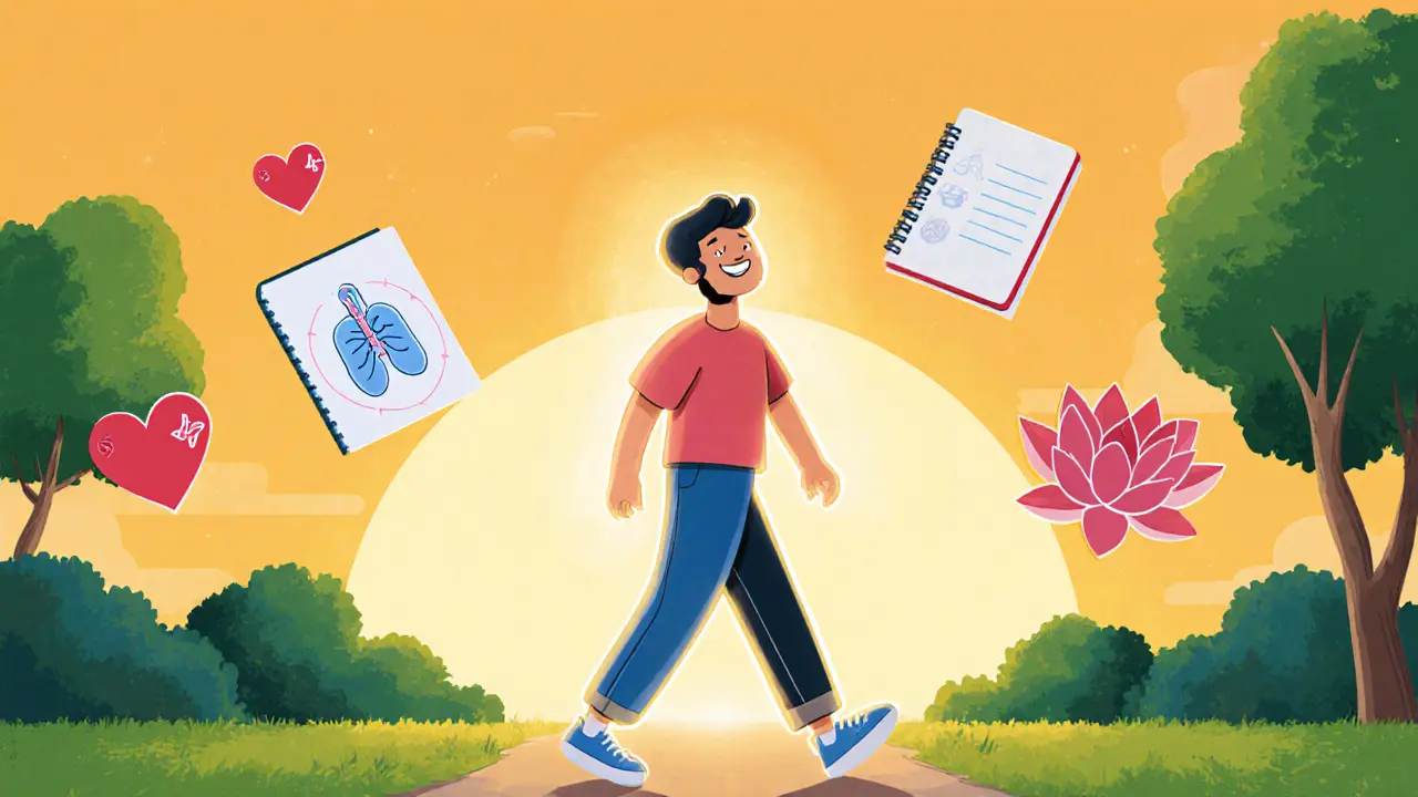 Klient po terapii klidně kráčí v parku, obklopený symboly dýchání a deníku.