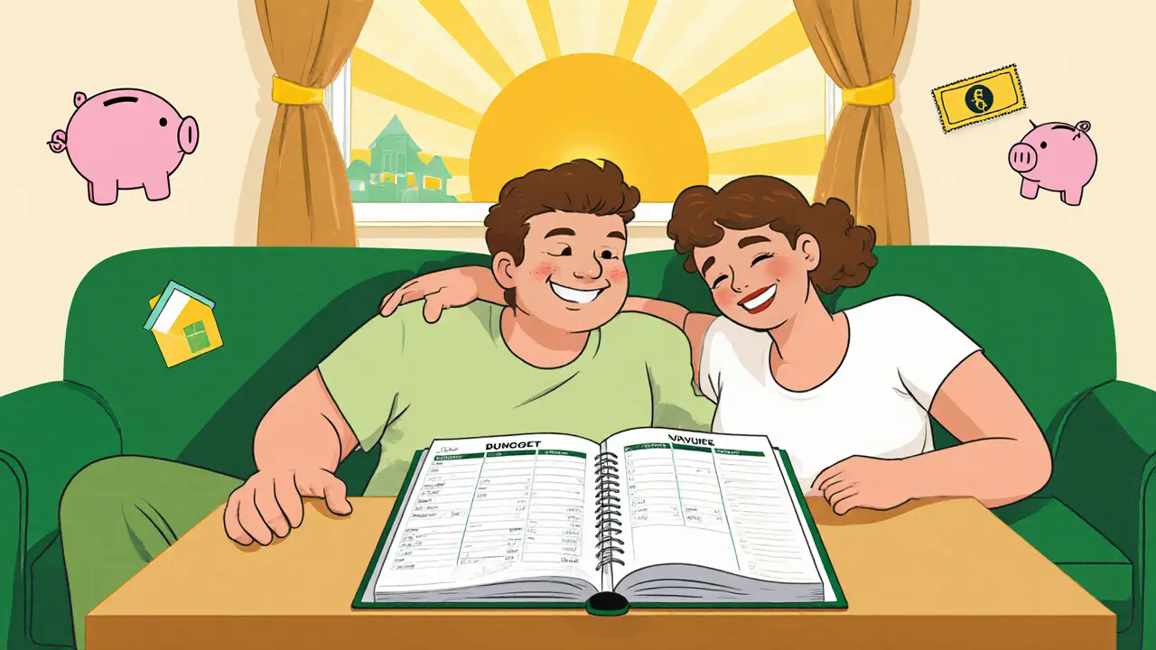 Pár po terapii spokojeně plánuje rozpočet, slunce na pozadí.