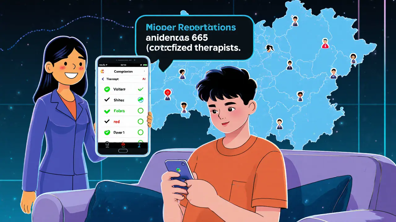 Teenager používá MBT Companion App, terapeut a mapa ČR s ikonami terapeutů.