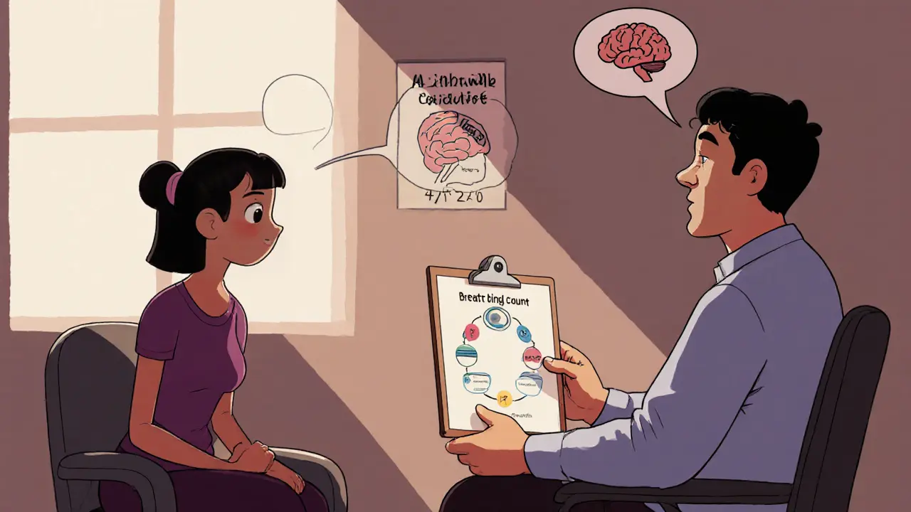 Terapeut a pacient při sezení KBT, s diagramem myšlenek‑emocí‑těla.