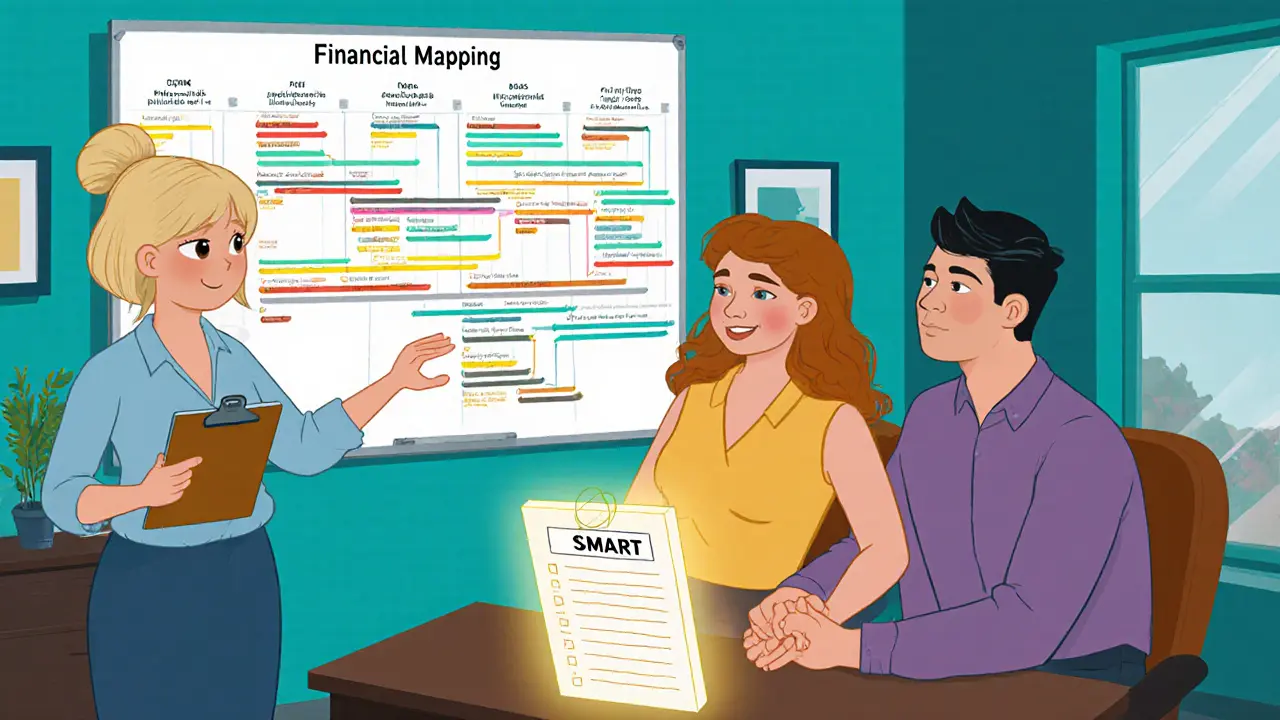 Terapeut pomáhá páru vytvářet finanční mapu a SMART cíle.