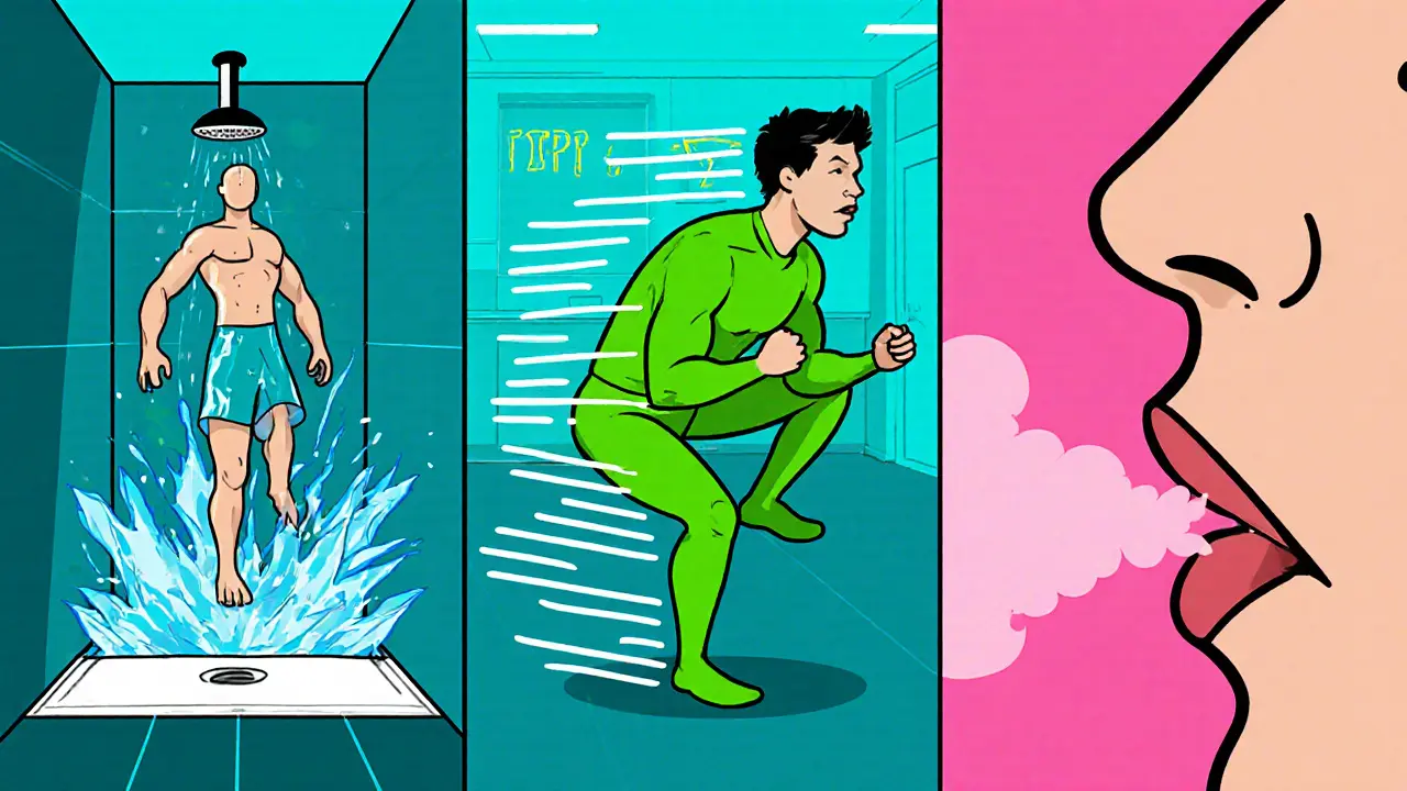 Ukázka techniky TIPP: studená sprcha, dřepy, dýchání.