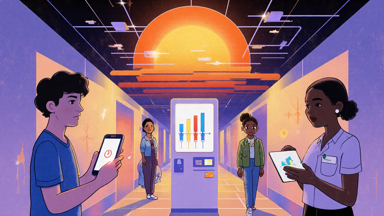 Optimistický pohled na kliniku budoucnosti s digitálními aplikacemi, čistými jehlami a podporou.