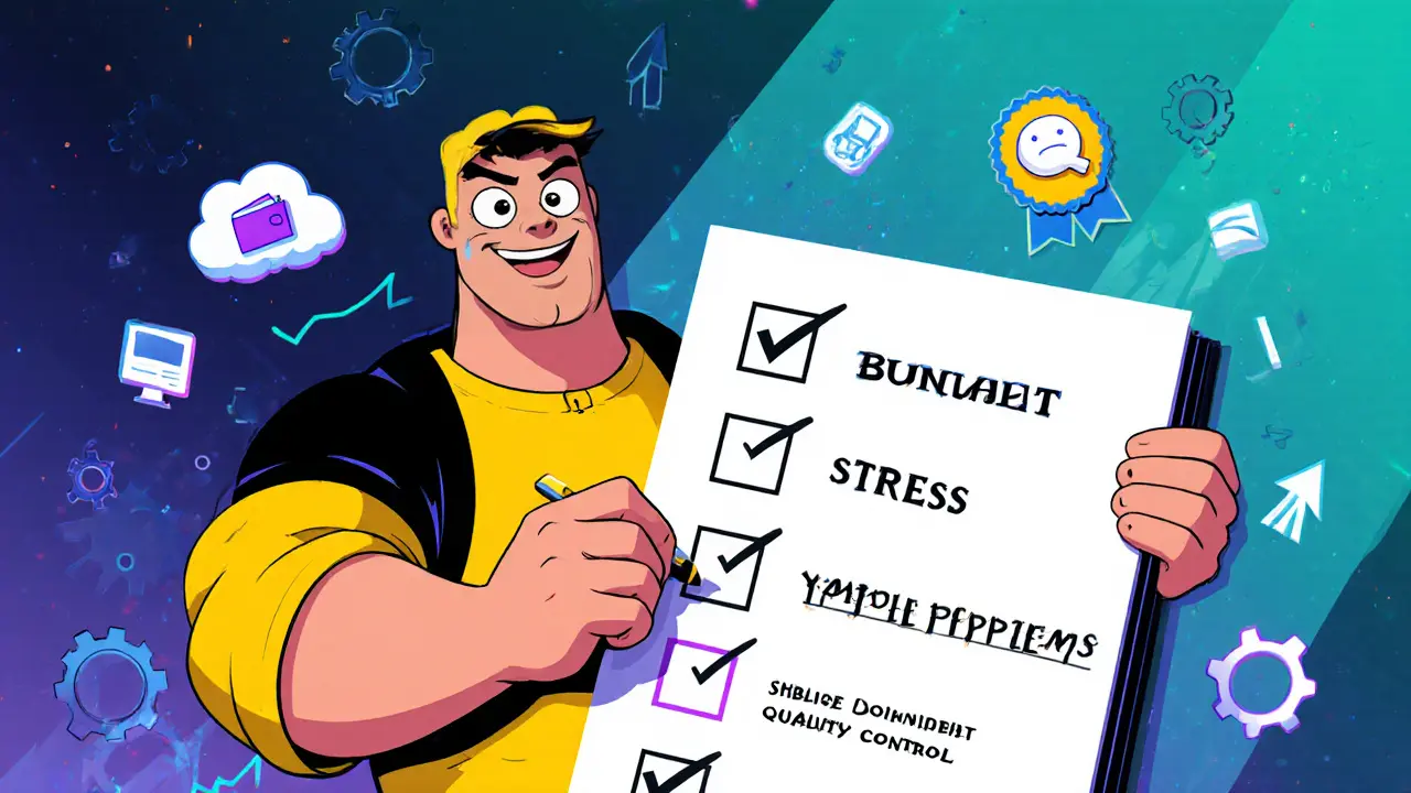 Postava s kontrolním seznamem odškrtává ikony rozpočtu, stresu, online formátu a dohledu.