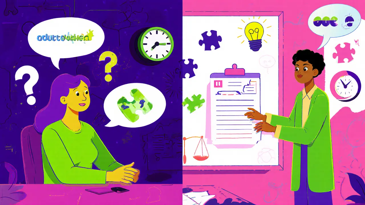 Rozdělená scéna ukazující motivující rozhovor a kognitivně‑behavorální terapii s abstraktními nástroji.