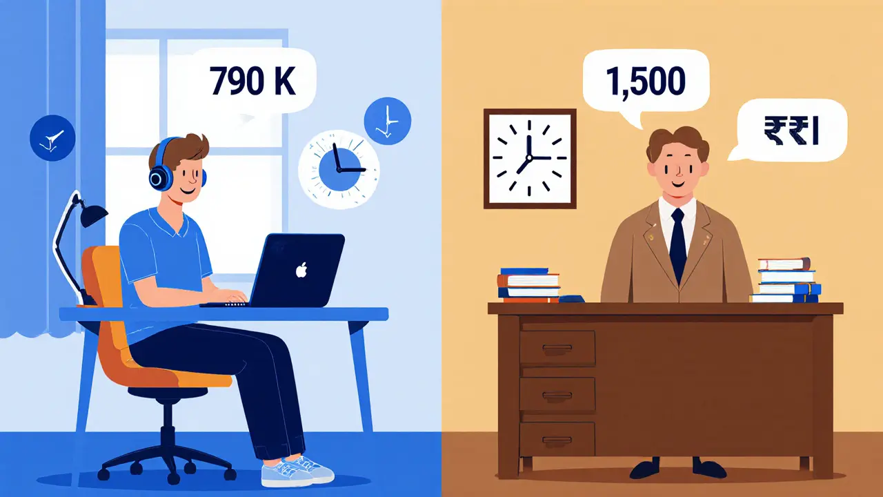 Rozdělený obrázek: mladý terapeut u laptopu vs. zkušený terapeut v kanceláři, s cenovými bublinami.