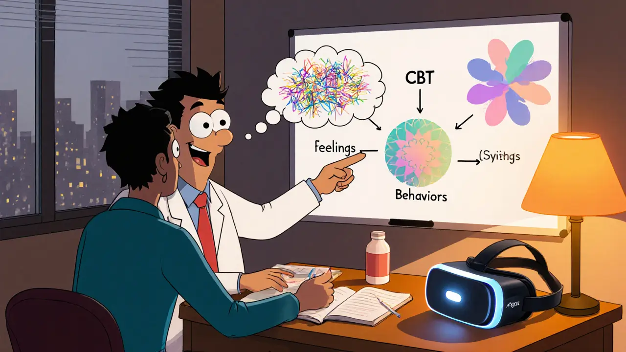 Terapeutická místnost s CBT tabulí, pilulkami a VR headsetem.