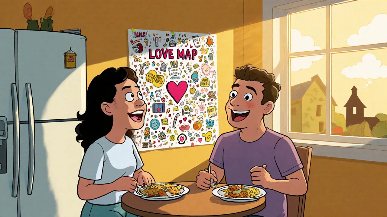 Pár sedí v kuchyni, sdílí milostnou mapu a usmívá se v teplém světle.