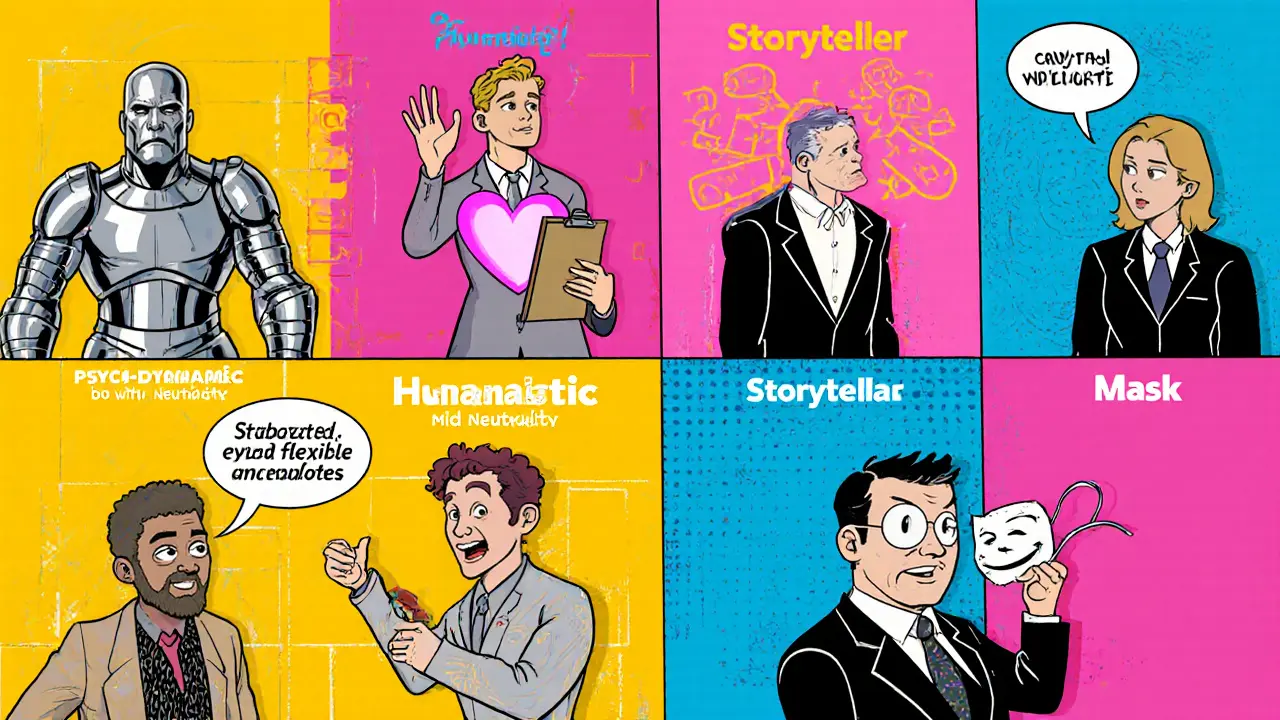 Pět terapeutů v kruzích ukazuje úroveň neutrality u různých směrů.