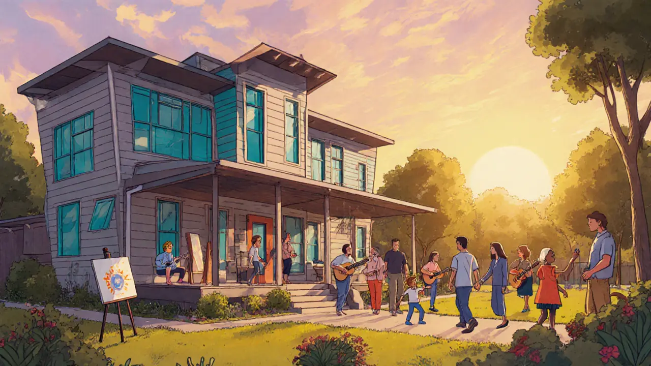 Rezidenční léčebna při východu slunce, obyvatelé se věnují různým aktivitám.