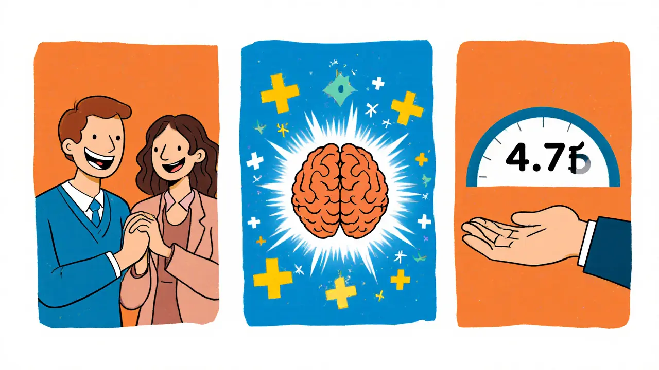 Rozdělený záběr ukazuje terapeutický vztah, pozitivní očekávání a empatii pomocí ikonických symbolů.