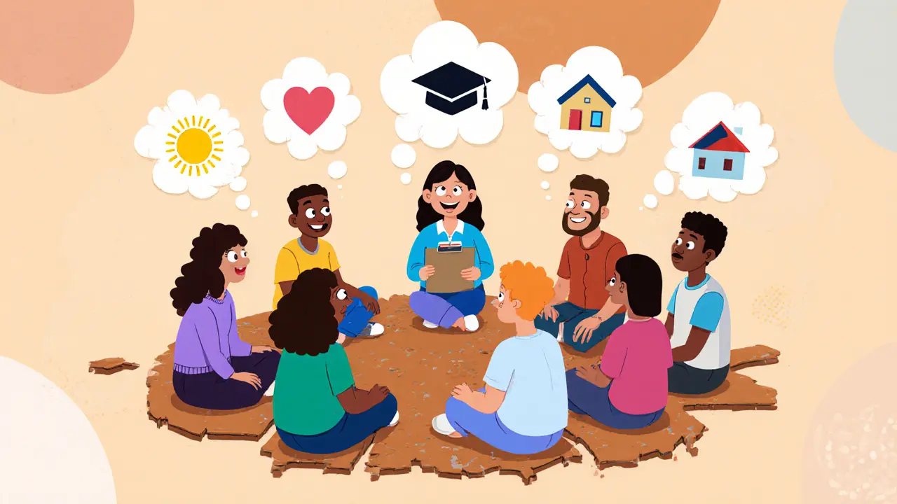 Skupinová terapie po detoxikaci, postavy sedí v kruhu, sdílejí podporu.