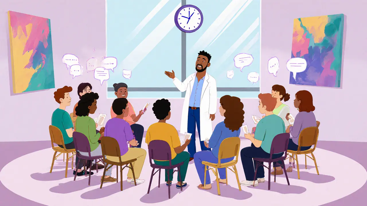 Skupinová terapie v odděleném prostoru s terapeutem a pacienty v Adult‑Swim stylu.