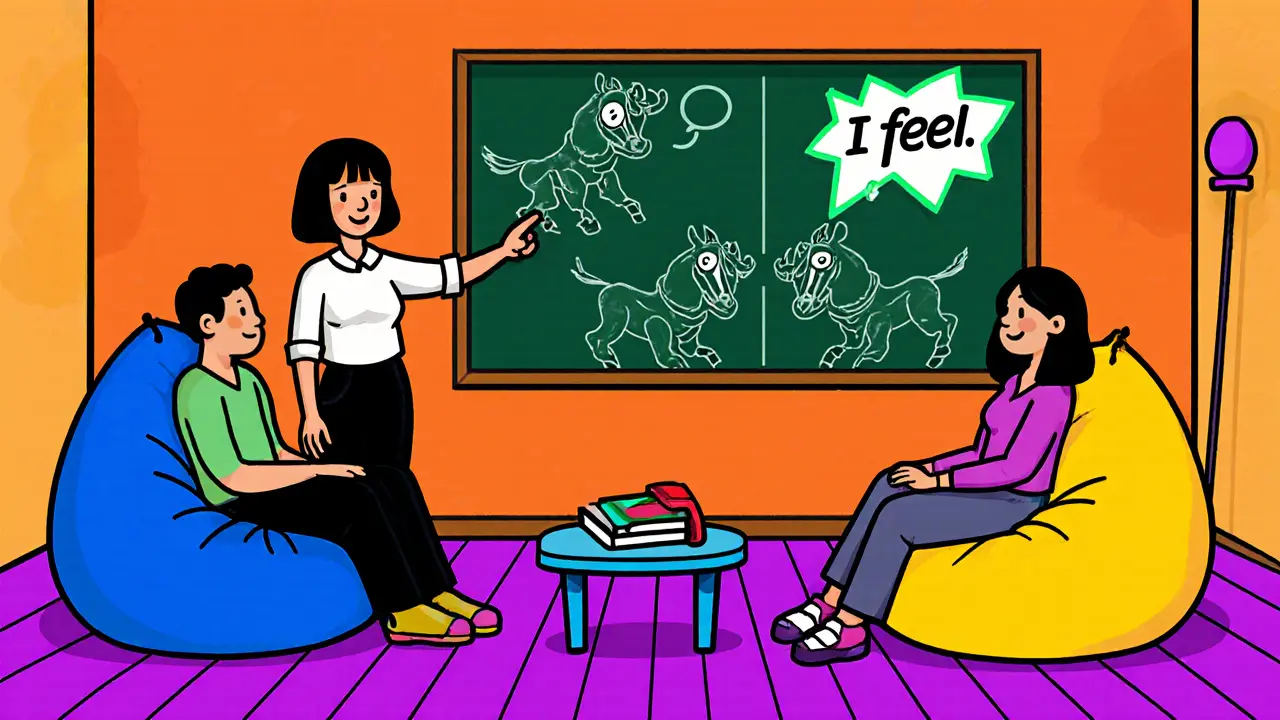 Terapeut ukazuje čtyři koně, zatímco pár praktikuje aktivní naslouchání s bublinami.