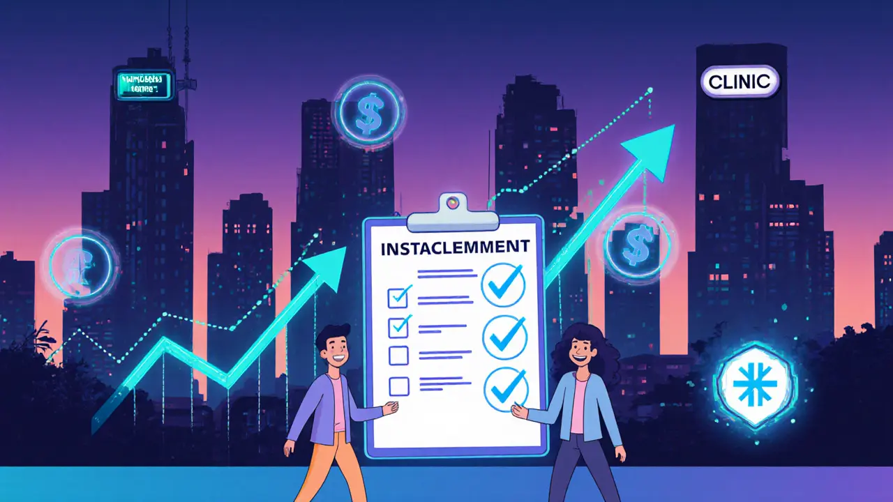 Budoucí trend – stylizované město s terapií, grafy růstu a seznam úkolů.