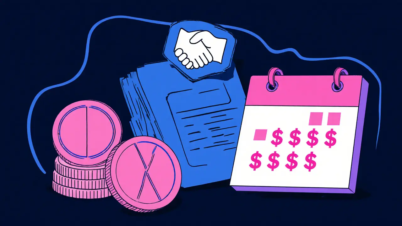 Ikony představují různé modely splátek: rozdělení peněz, kalendář, handshake.