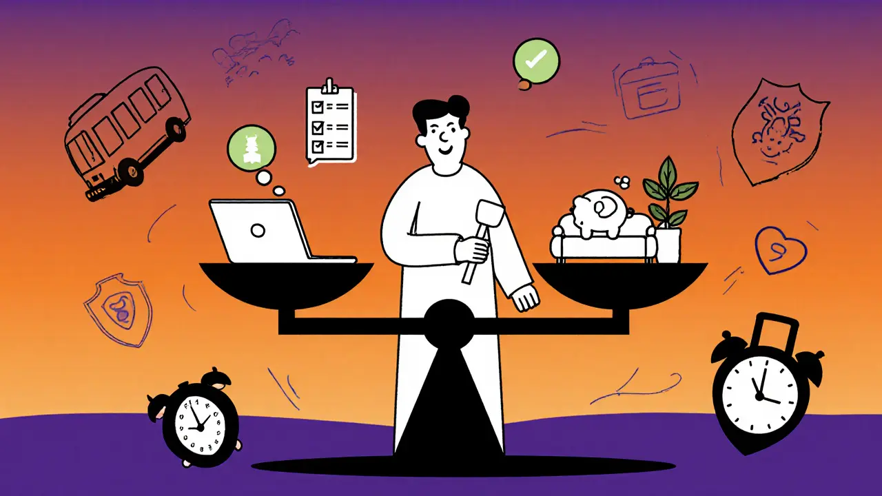 Postava váží online terapii a osobní terapii na stupnici s ikonami.