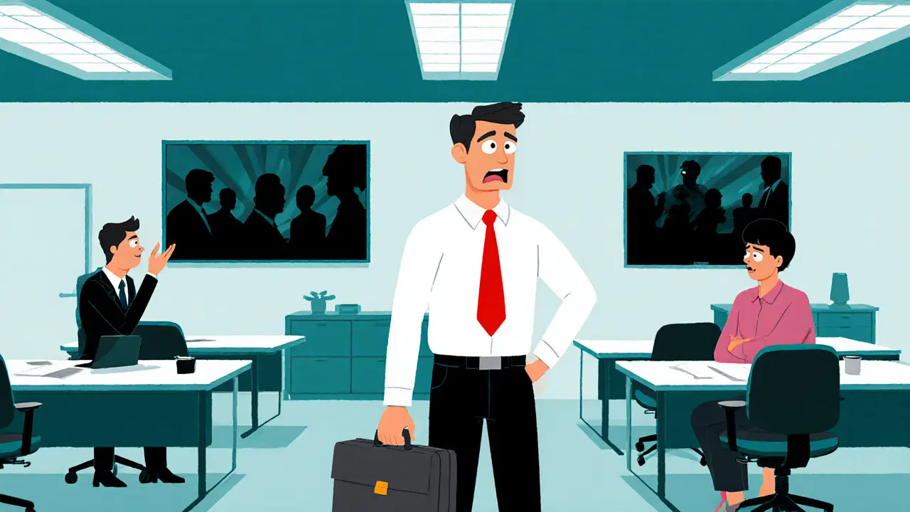 Pracovník ve stresu je ignorován kolegy v kanceláři pod senzacechtivým televizním obrazem.