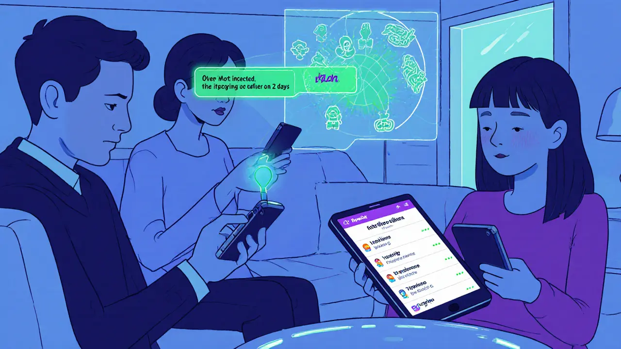 Rodina používá mobilní aplikaci eKrizový plán, zobrazení notifikací, futuristický cartoon.