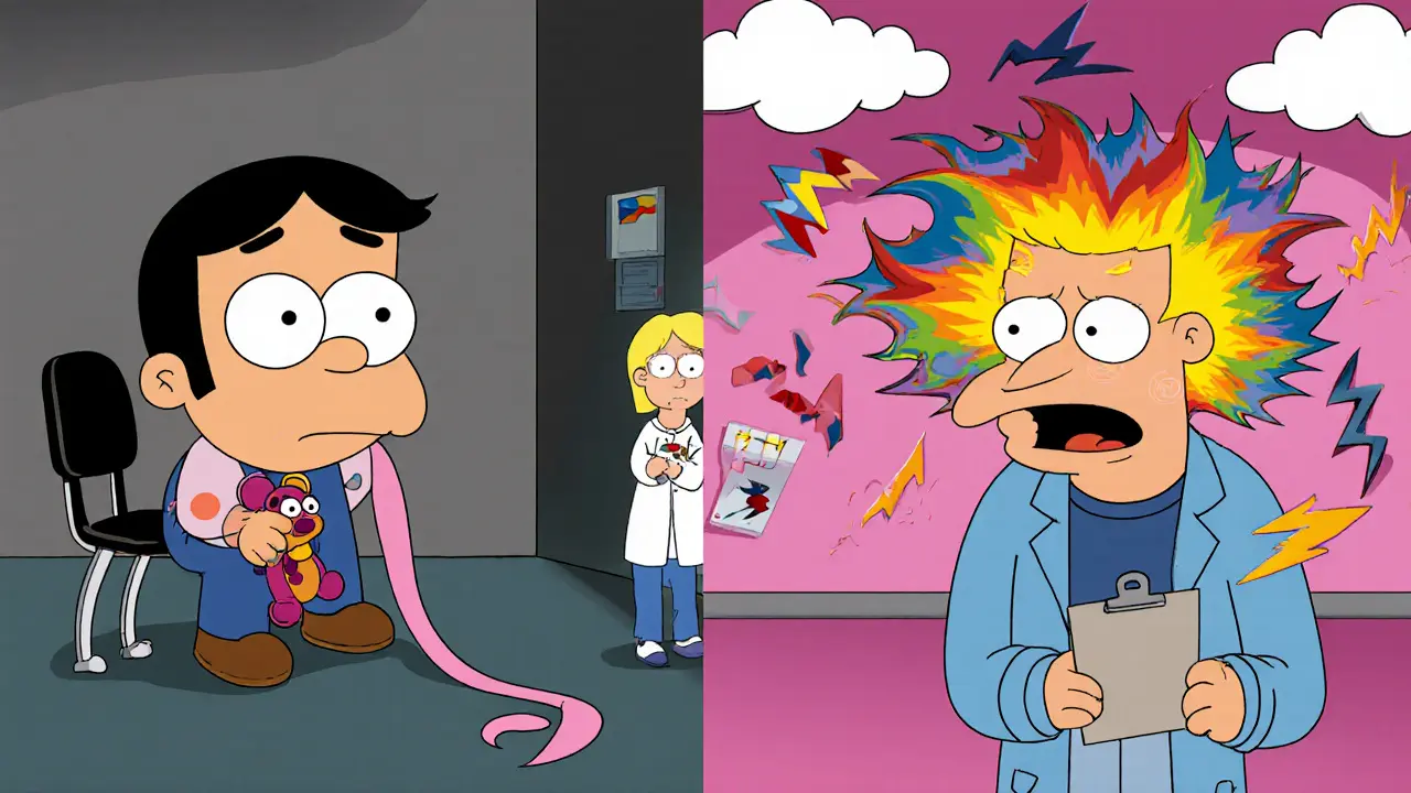 Rozdělený obraz ukazuje závislou i hraniční poruchu osobnosti v kresleném stylu Adult Swim.