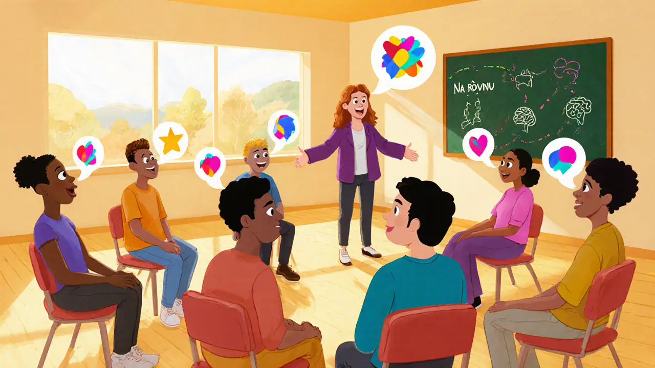 Skupina lidí v komunitním workshopu sdílí příběhy, vytvářejí přátelskou atmosféru.