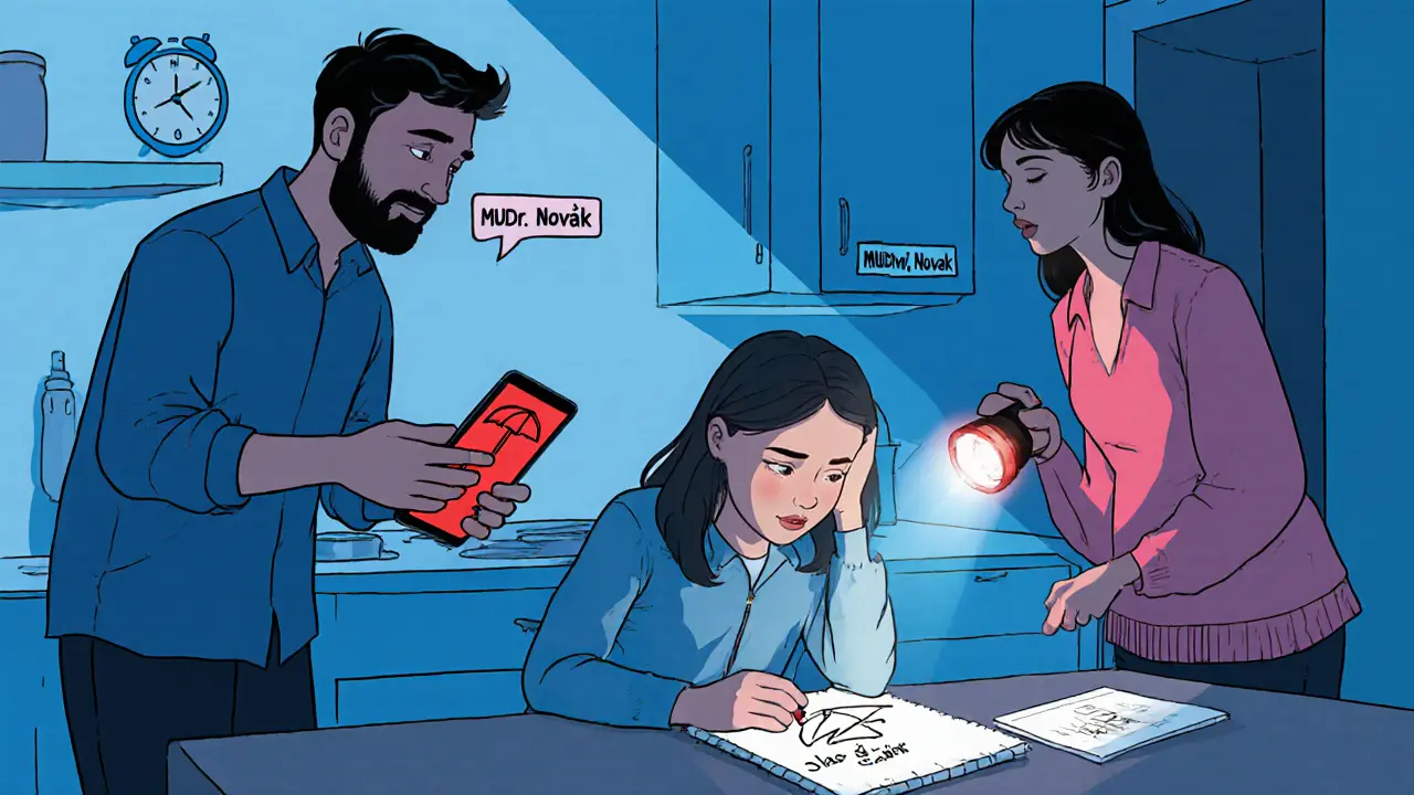 Teenager s nepokojem, otec telefonuje, matka zamyká nebezpečné předměty, scéna ve stylu Adult Swim.