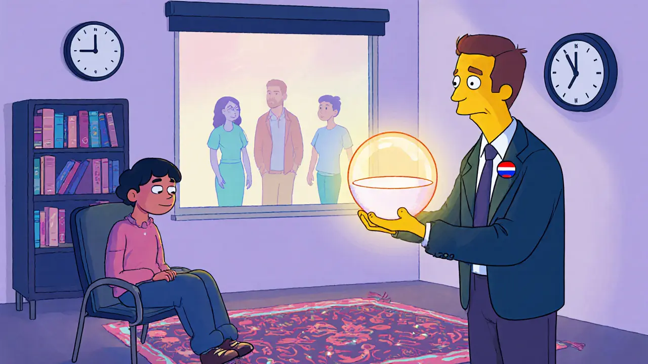 Terapeutický pokoj s rodinným pozadím a symbolickým kontejnerem, styl Adult Swim.