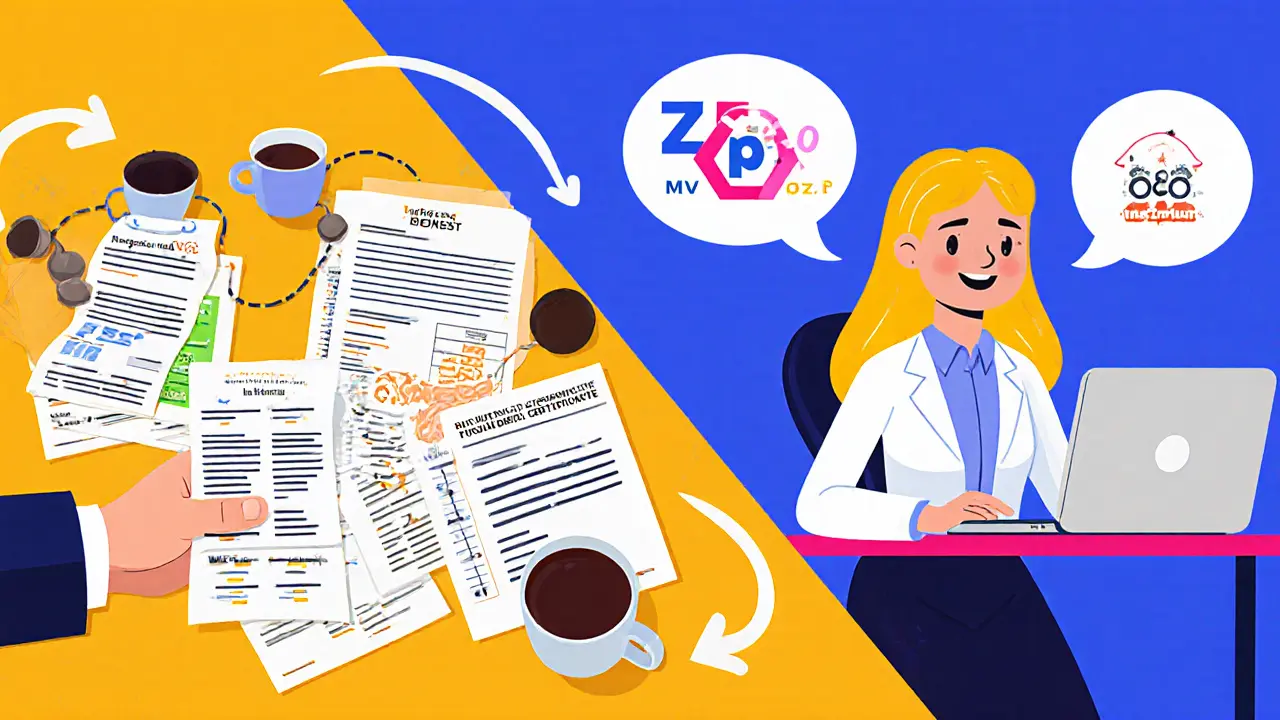 Žádost o příspěvek: dokumenty, počítač a terapeut v kanceláři.