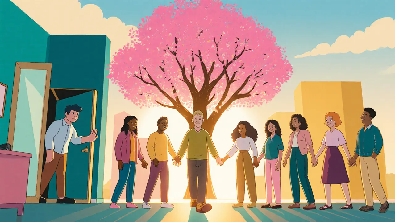 Osoba odchází z terapie do slunečného, podporujícího prostředí.