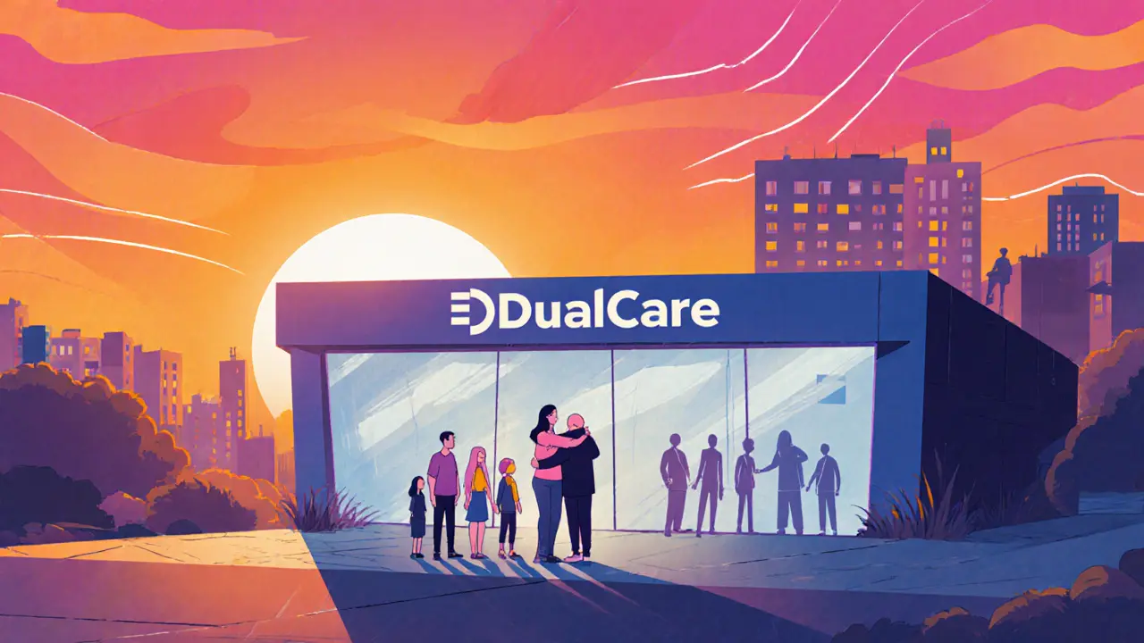 Rodina a pacient stojí před moderní klinikou DualCare při východu slunce, vyjadřují naději.