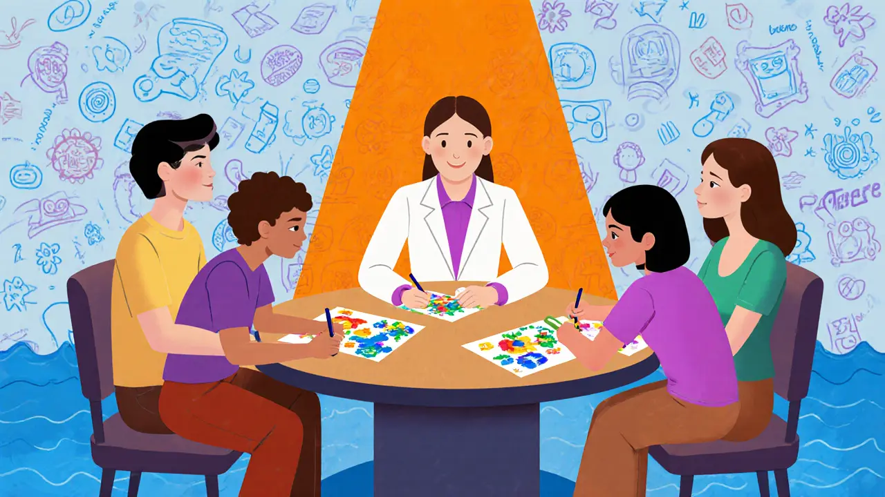 Rodinná terapie s terapeutem, dětmi kreslícími a rodiči u kulatého stolu.