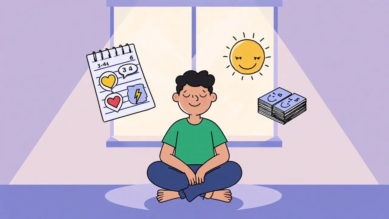 Šťastná postava u okna, obklopena symboly deníku, vděčnosti a mentálního růstu v Adult Swim stylu.