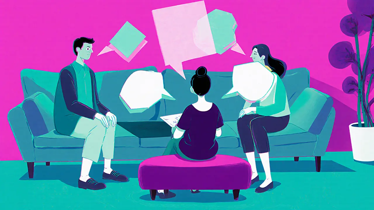 Terapeut mezi dvěma partnery v párové terapii, kolem plovoucí abstraktní tvary.