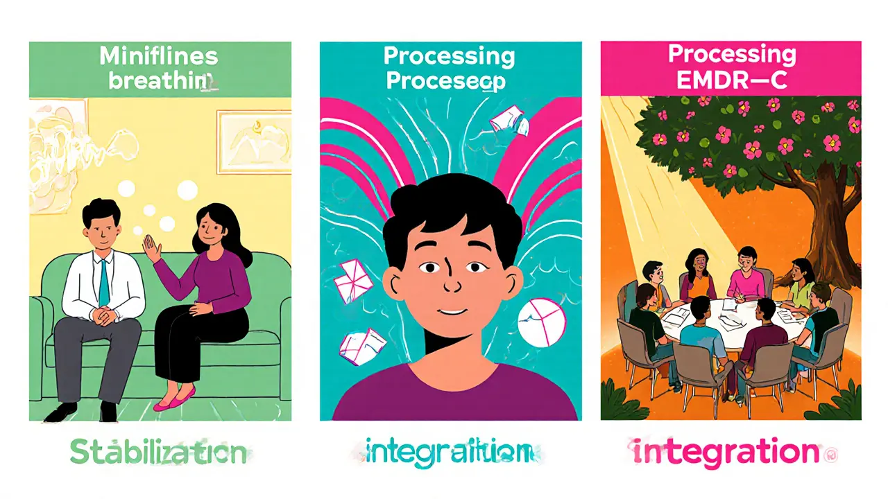 Tři panely zobrazující fáze terapie – stabilizace, zpracování, integrace.
