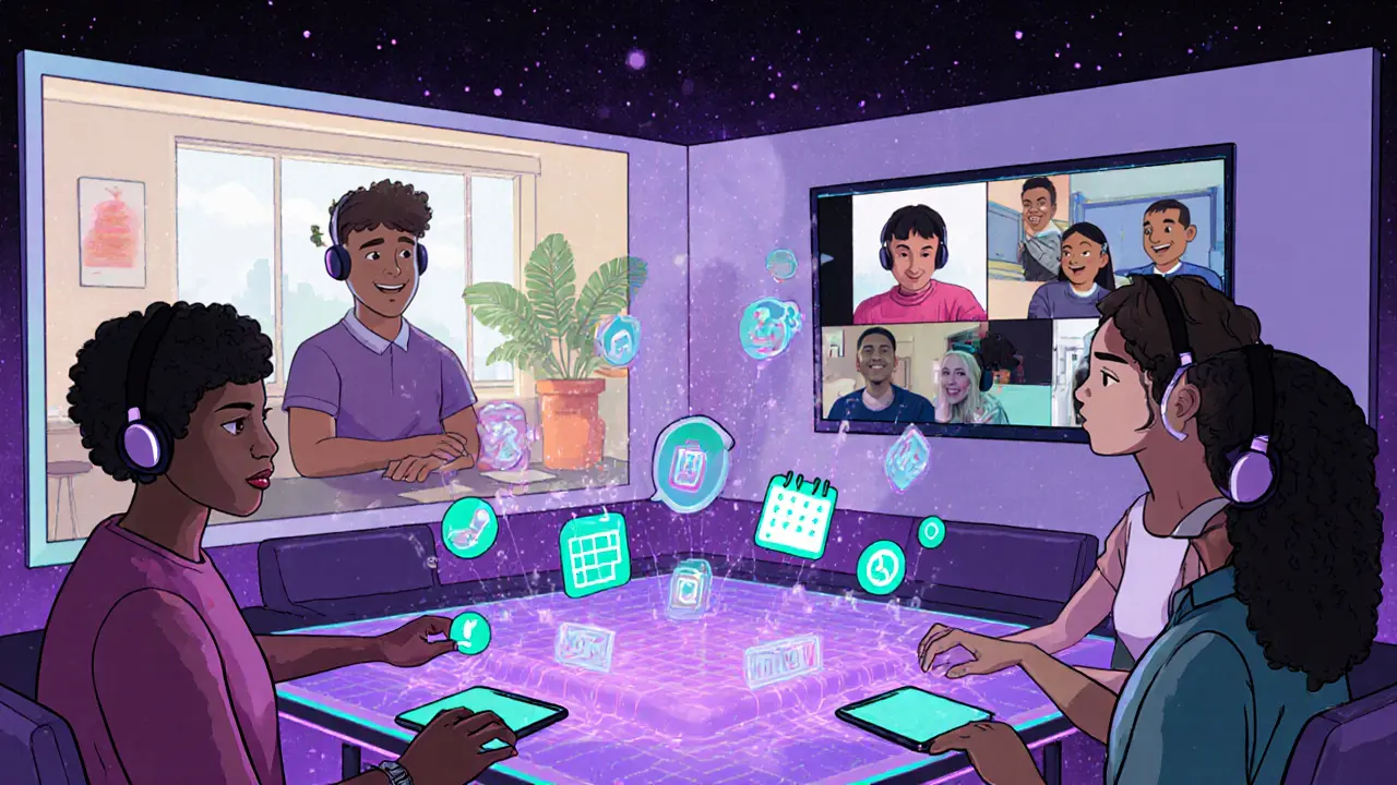 Budoucí hybridní podpora: hologramy, online a osobní setkání, futuristické prostředí.