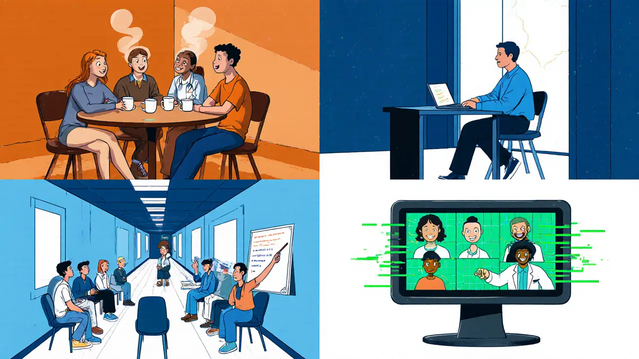 Čtyři typy podpůrných skupin: kavárna, terapeutická místnost, klinika, online video.