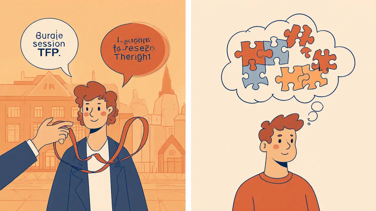 Dvě panele zobrazují TFP sezení, terapeut interpretující přenos a pacient reflektující.