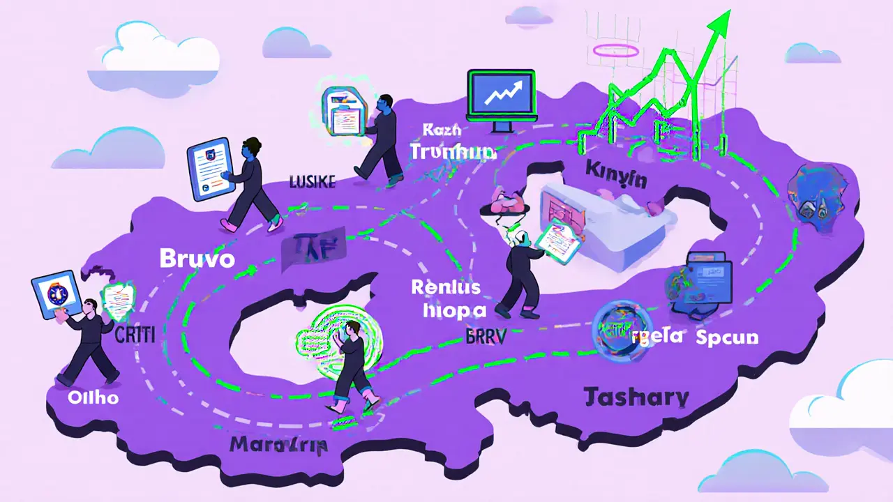 Mapa Česka s postavami terapeutů, online ikony a rostoucí graf naznačující rozvoj TFP.