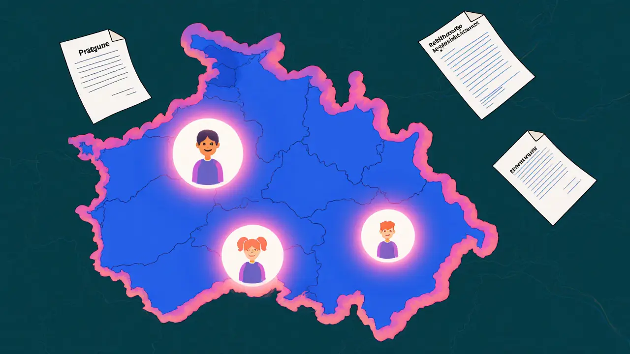 Mapa ČR s ikonami terapeutů v Praze a menšími městy, styl Adult Swim.