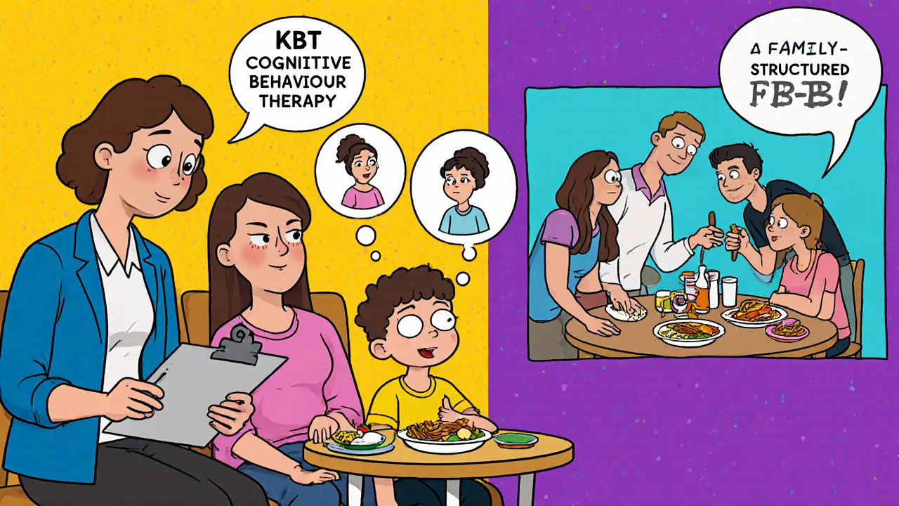 Rodinná terapie s terapeutem, rodiči a dítětem, ukazuje KBT i FBT přístupy.
