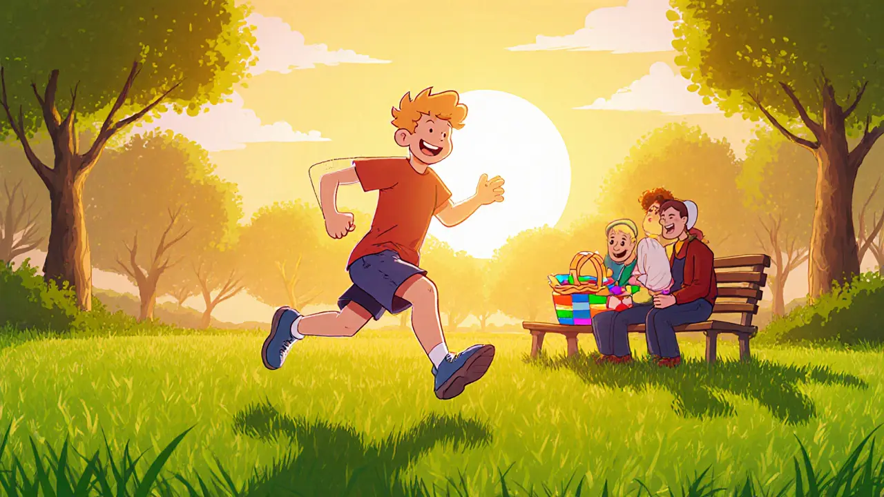 Zdravý adolescent běží v parku při východu slunce, rodiče ho podporují.