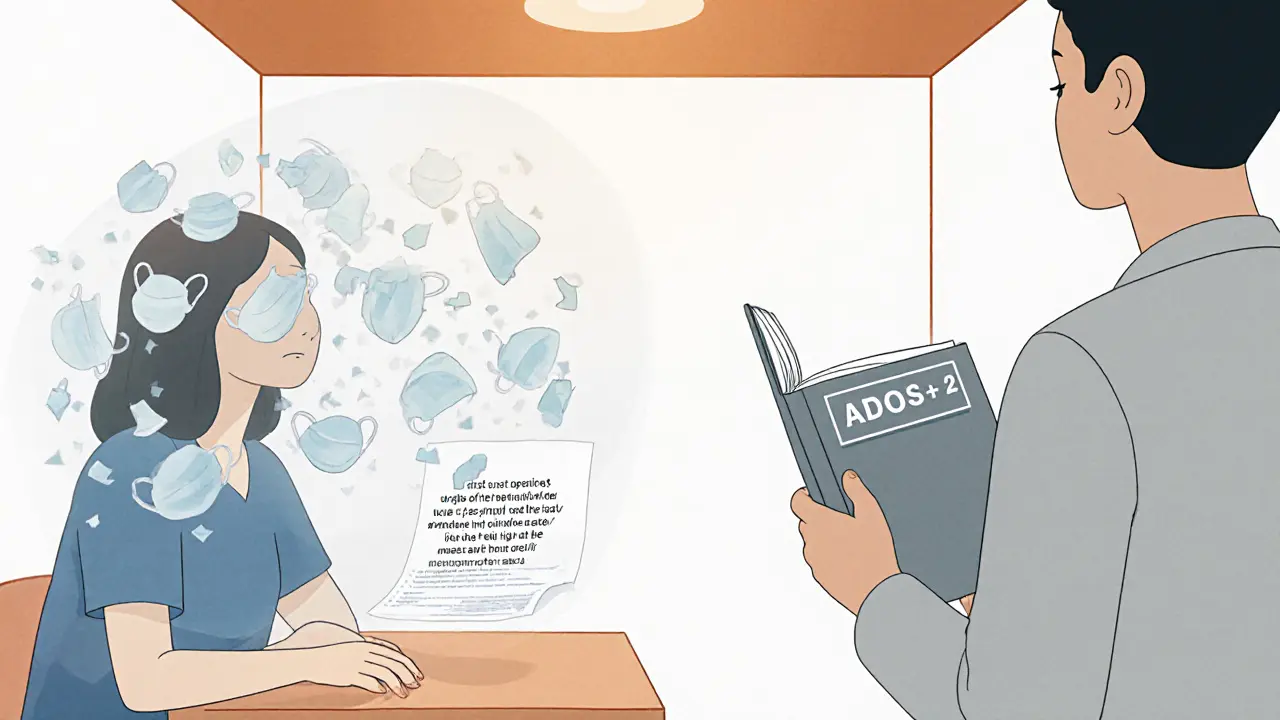 Klinická místnost, kde žena během ADOS‑2 testu skrývá masku a vnitřní skripty v poloprůhledných vrstvách.